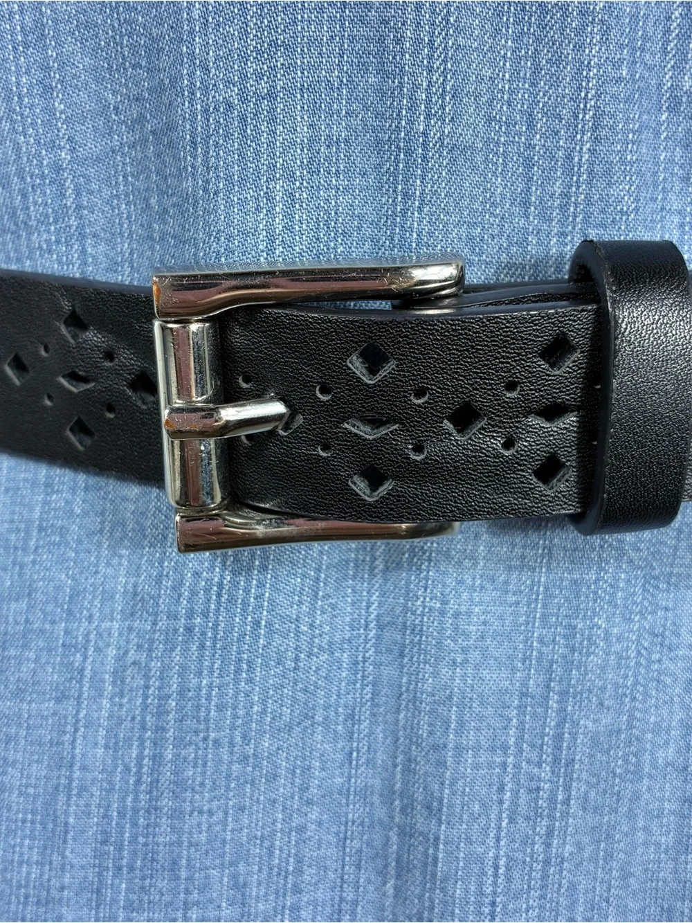 Womens belt Sz Small-Medium black faux leather pierced geometric design